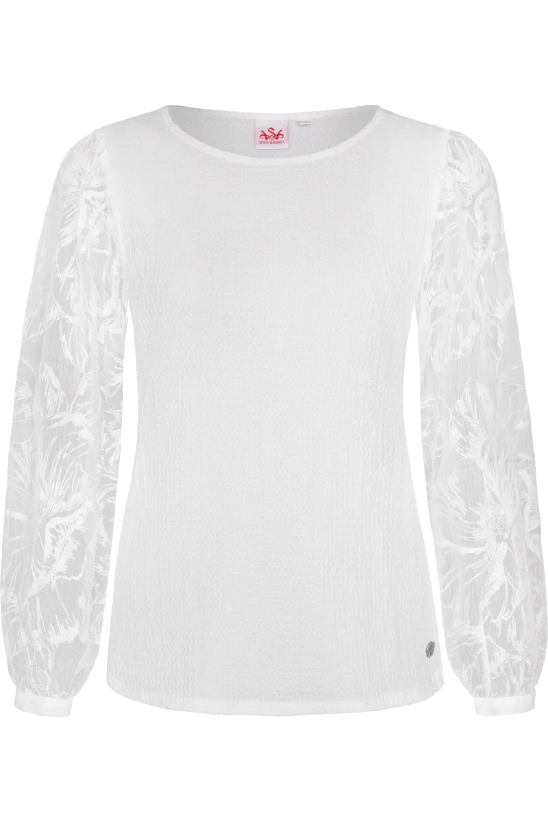Elastische Damen Trachtenbluse mit floralen Puffärmeln - weiß