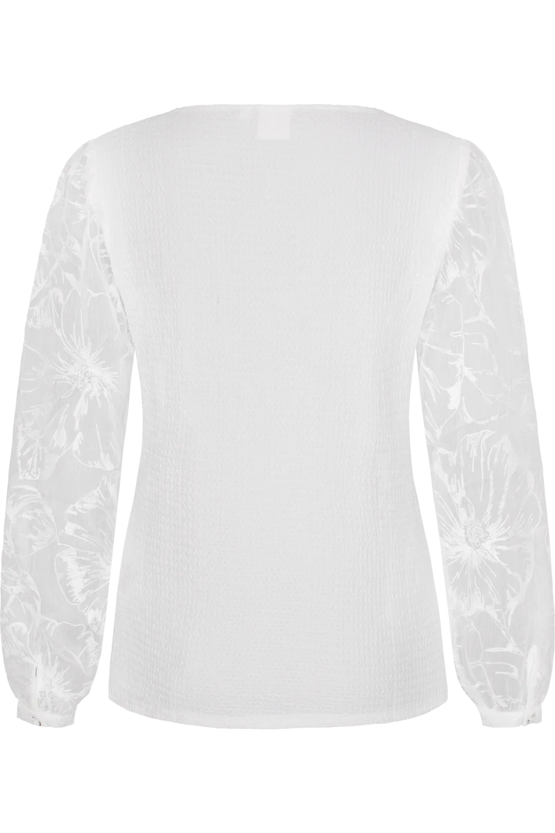 Elastische Damen Trachtenbluse mit floralen Puffärmeln - weiß