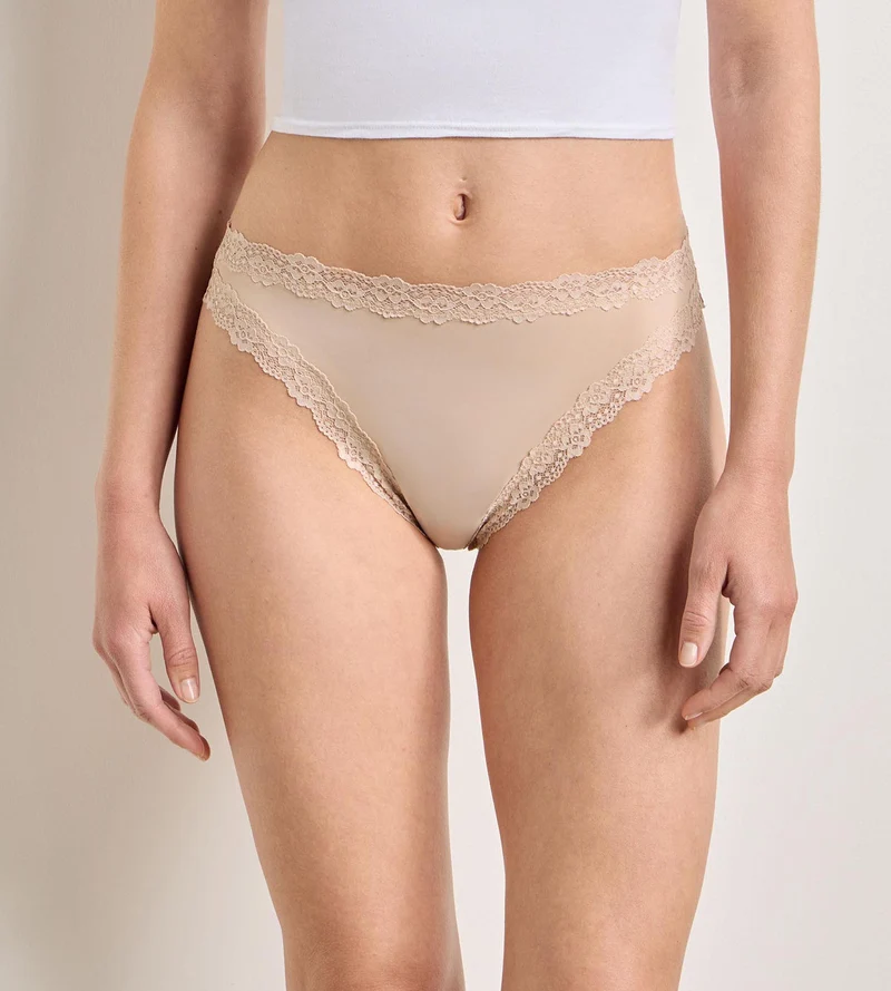 Damen-String aus Mikrofaser und Spitze Nude Dim
