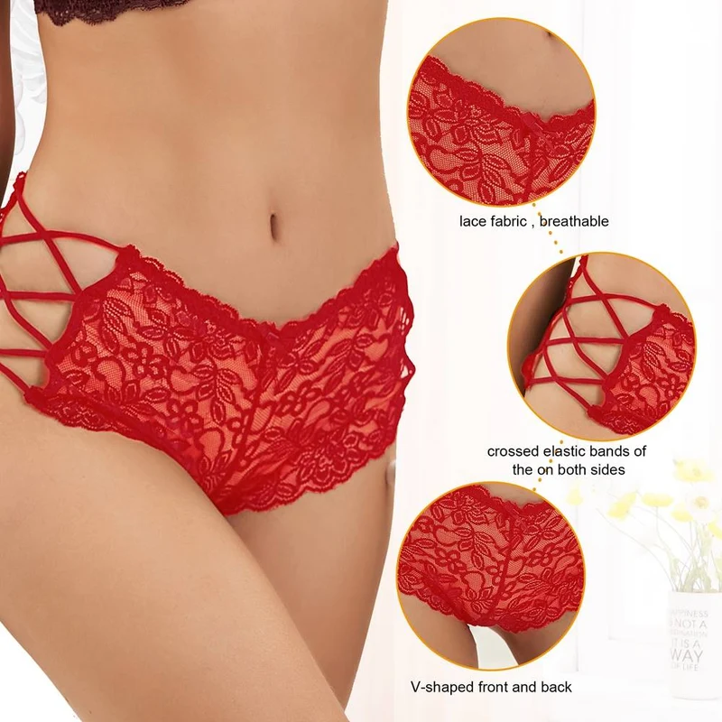 Roter, hochgeschnittener Slip mit floraler Spitze und gekreuzten elastischen Trägern