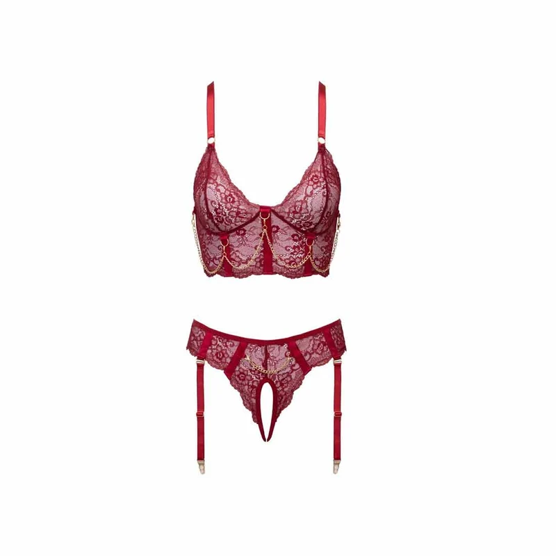 Straps Set ouvert mit Longline BH Spitze Rot, S-XL "Amber"
