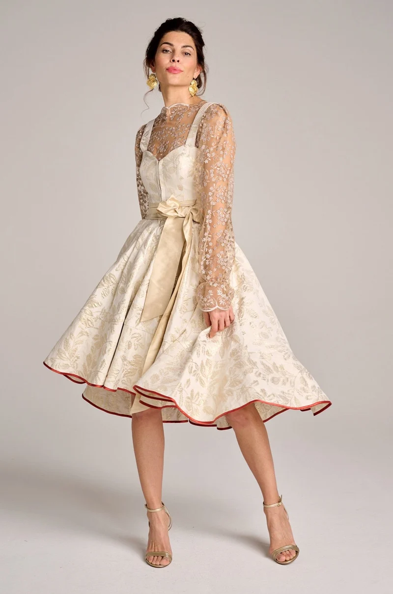 Designerdirndl in creme-gold Jacquard - Omara