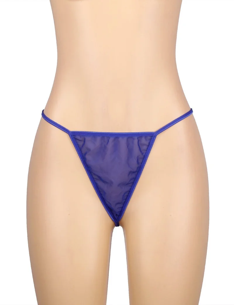 Blauer, elastischer Netz-Bademantel – Glockenärmel, Spitzenbesatz, Satingürtel und String-Set