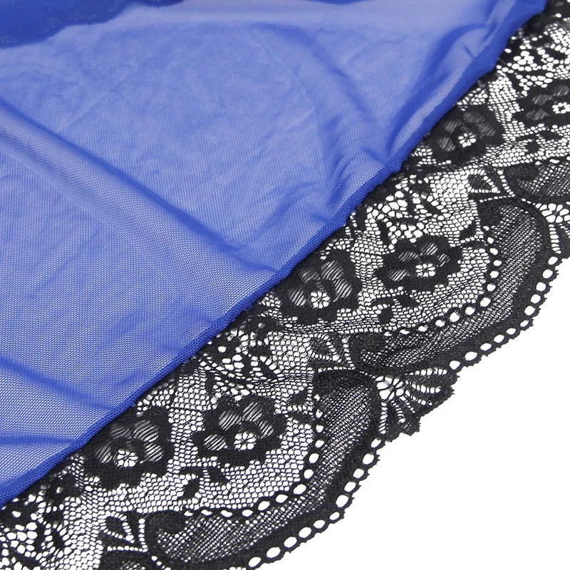 Blauer, elastischer Netz-Bademantel – Glockenärmel, Spitzenbesatz, Satingürtel und String-Set