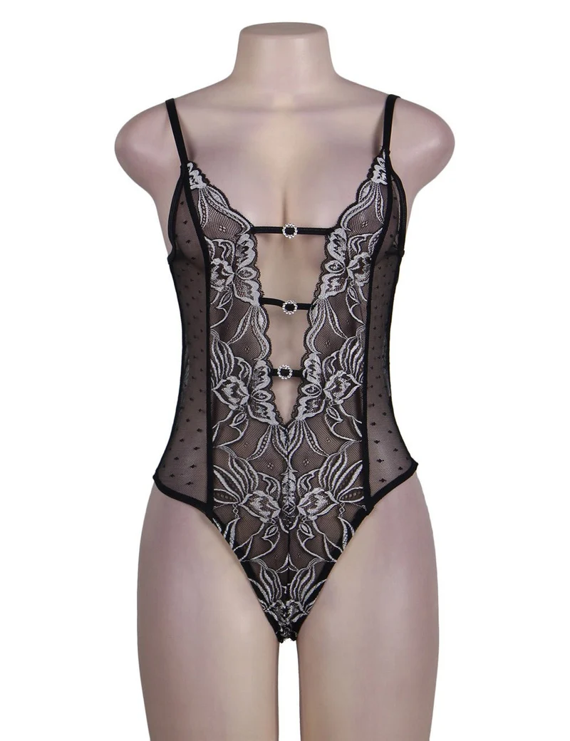 Pointelle Mesh Halter Teddy – Tiefer V-Ausschnitt, Zierverschluss, zweifarbiger Spitzenbesatz & verstellbare Träger