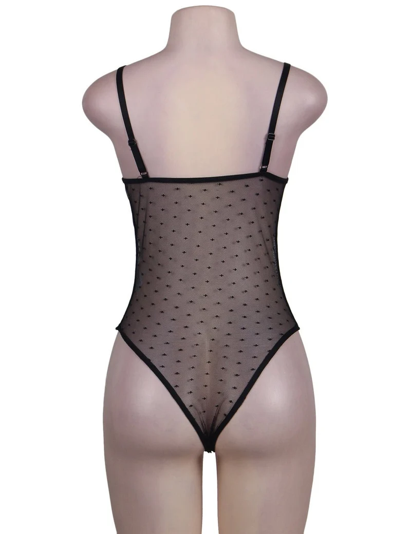 Pointelle Mesh Halter Teddy – Tiefer V-Ausschnitt, Zierverschluss, zweifarbiger Spitzenbesatz & verstellbare Träger