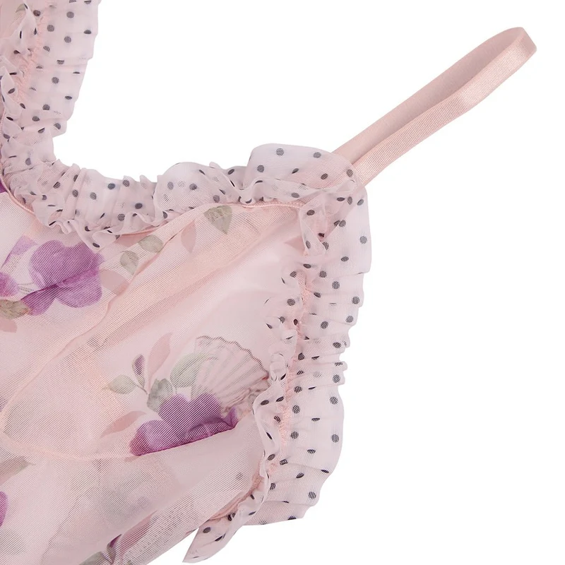 Transparentes Babydoll mit lila Blumenmuster und passendem G-String-Set