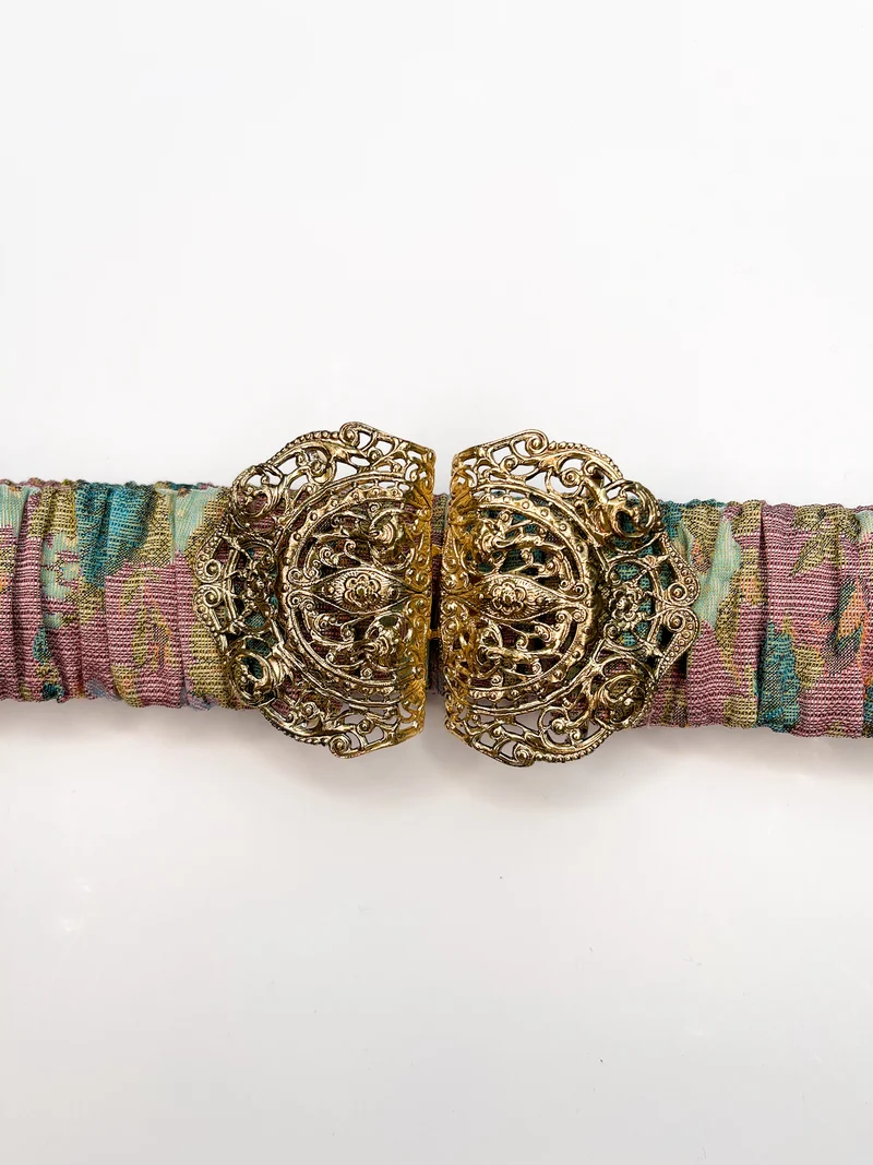 Elastik-Gürtel (floraler bunter Jacquard) mit goldener emaillierter Filigran- Schliesse