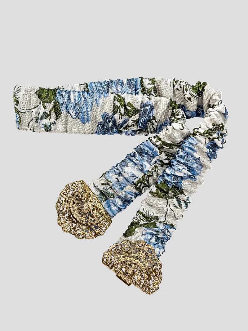 Gürtel (floraler hellblau-grauer Jacquard) mit goldener emaillierter Filigran- Schliesse
