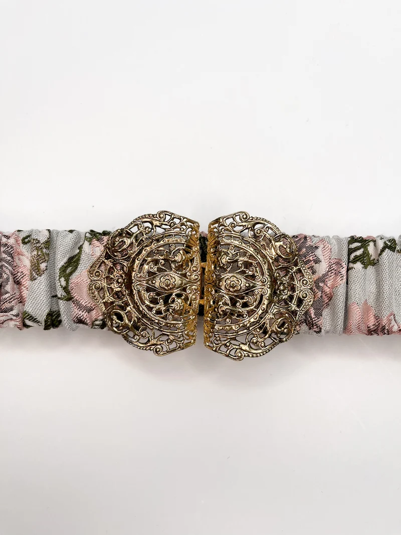 Gürtel (floraler rosa Jacquard) mit goldener emaillierter Filigran- Schliesse