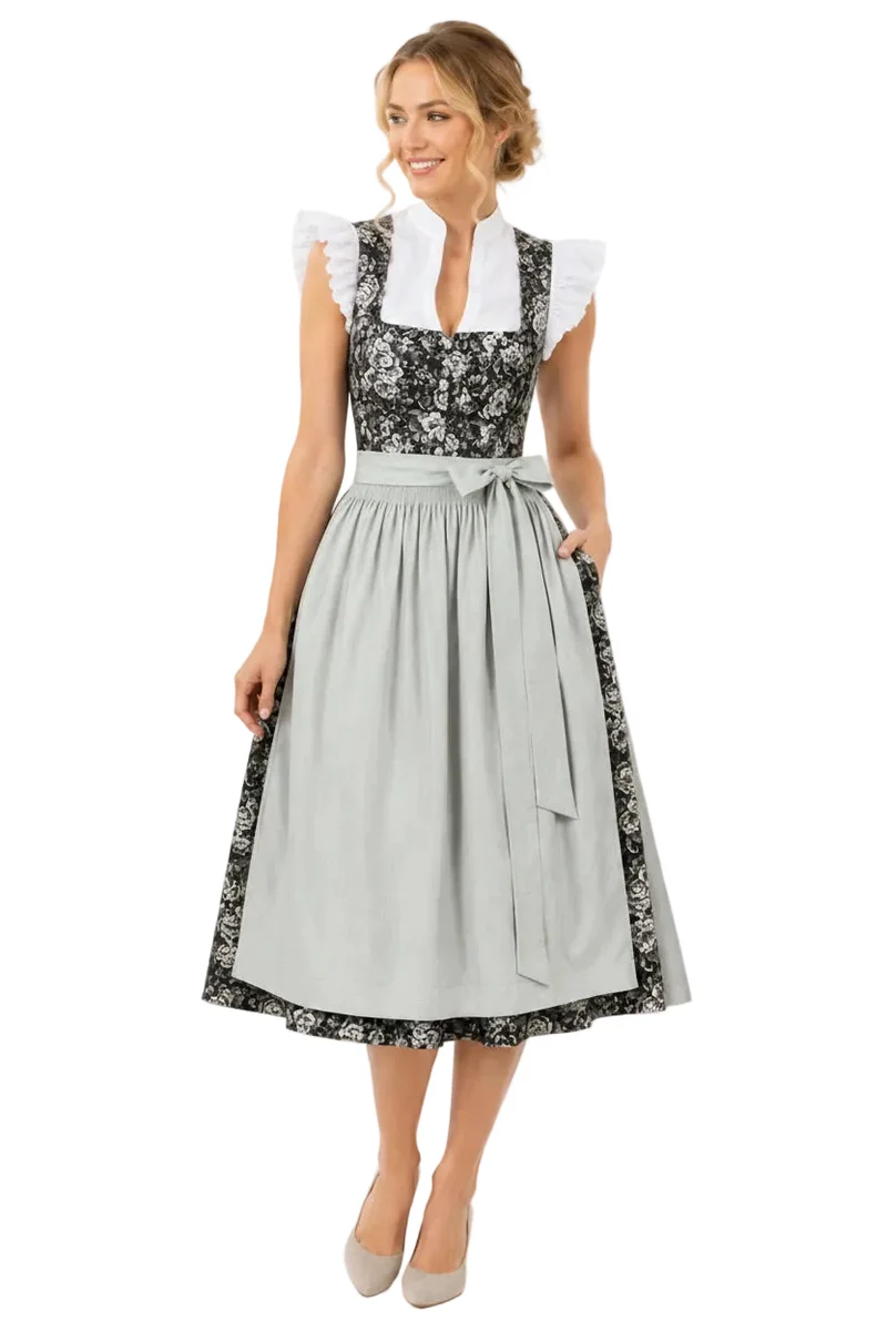 Dirndl mit Rosendruck und unifarbener Schürze