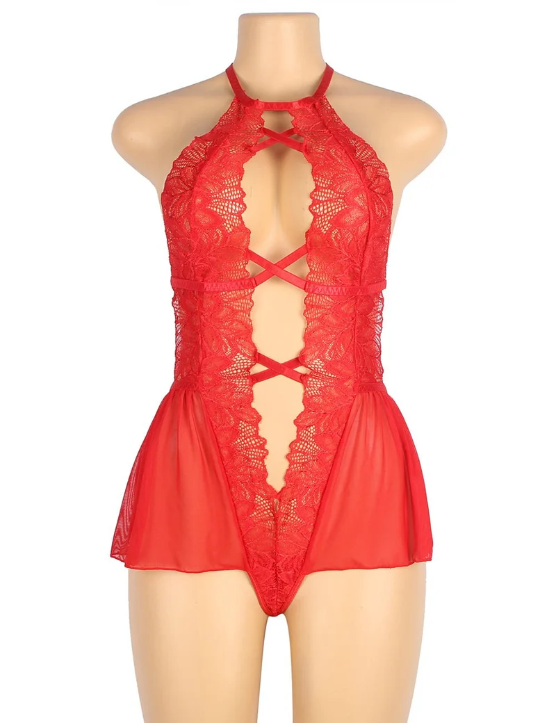 Roter Neckholder-Teddy aus floralem Mesh und Spitze – Tiefer Ausschnitt, rückenfrei, Rüschensaum und verstellbare Träger