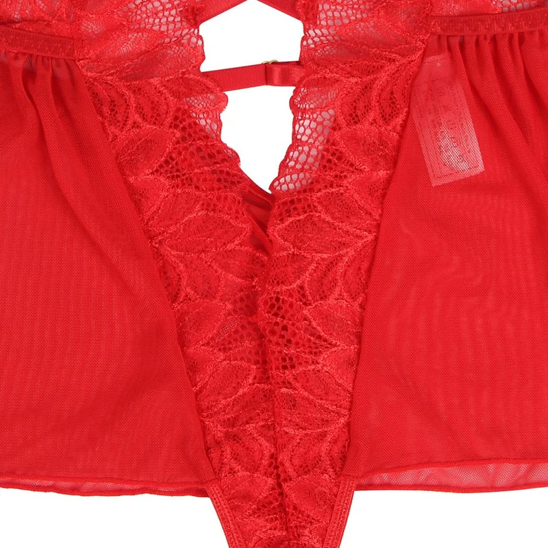 Roter Neckholder-Teddy aus floralem Mesh und Spitze – Tiefer Ausschnitt, rückenfrei, Rüschensaum und verstellbare Träger
