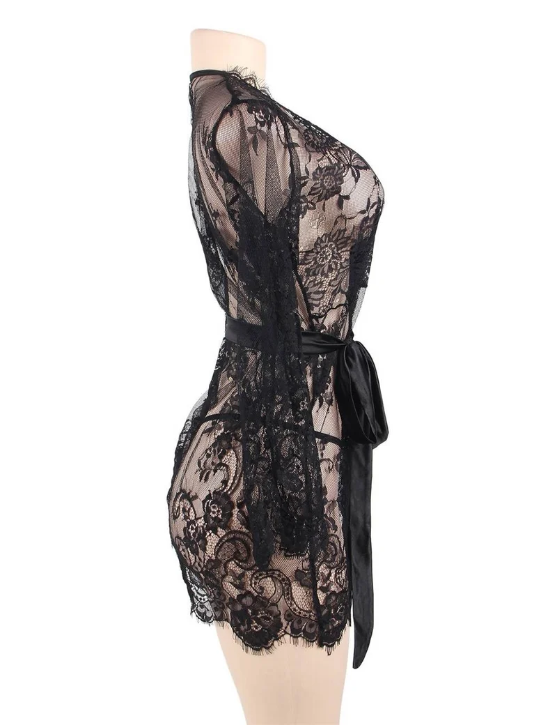 Schwarzer Cardigan-Bademantel mit langen Ärmeln und Wimpernspitze – Rohspitzenbesatz, seidenähnlicher Bund und passender String
