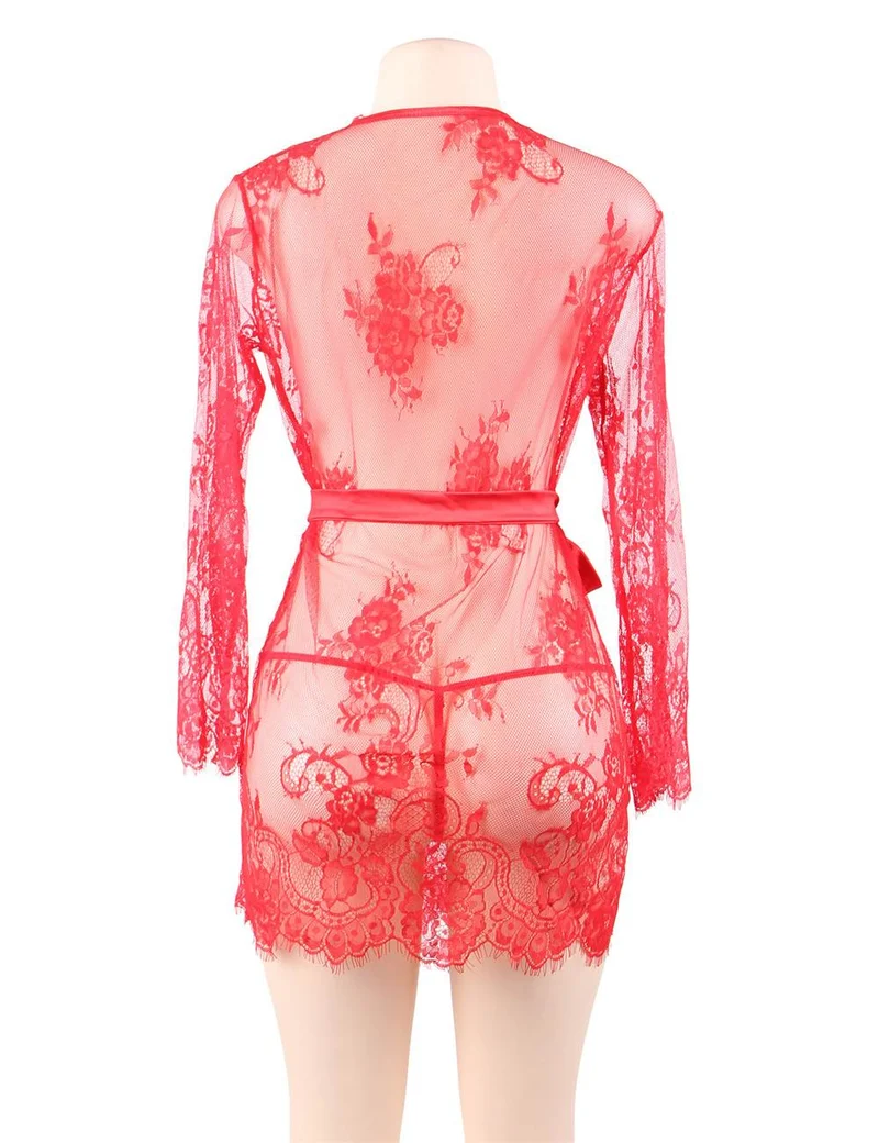 Roter Cardigan-Bademantel mit langen Ärmeln und Wimpernspitze – Rohspitzenbesatz, seidenähnlicher Bund und passender String