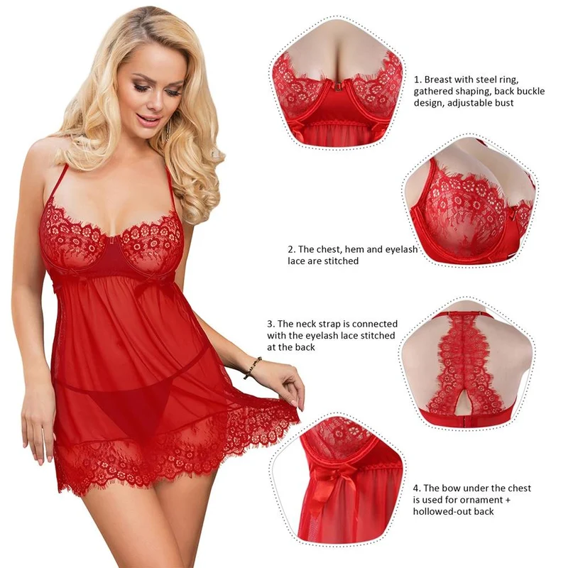 Rotes Neckholder-Babydoll aus Spitze und Mesh – mit Stahlring-Brustband, Spitzenrücken, Schleifendetail, Rückenausschnitt und verstellbarem Verschluss