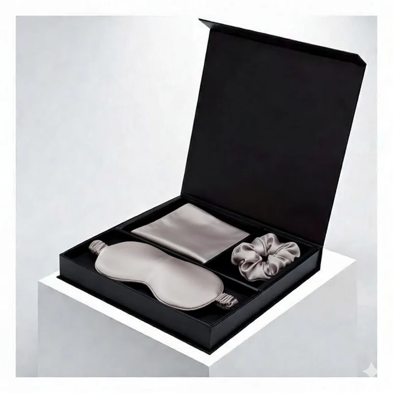 Hellgraues Luxus-Geschenkset aus 100 % Maulbeerseide: Kissenbezug, Schlafmaske und Haargummis