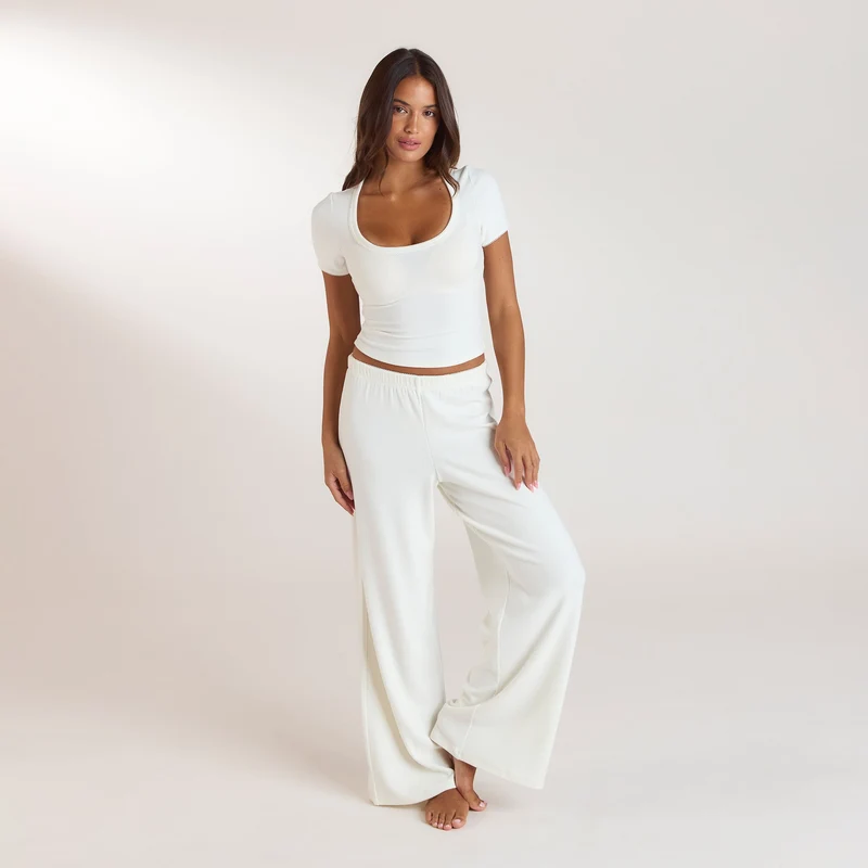 Geripptes Kurzarm-Pyjama Top - Crèmefarbe