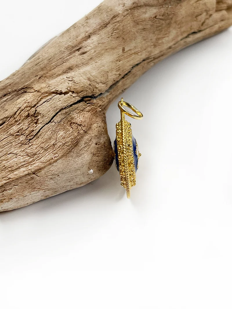 Medaillon Anhänger floral- emailliert in Gold mit Blau