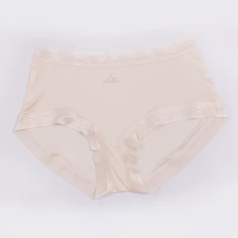 Hautfarbene Spitzenhöschen, sexy, atmungsaktiv, mittelhoher Bund, nahtlose Seidenunterwäsche