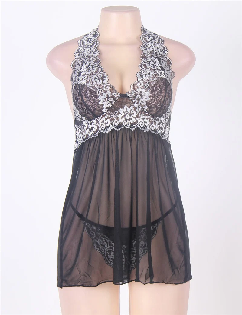Schwarzes, zweifarbiges Babydoll- und String-Set aus Neckholder-Mesh mit Spitzenbesatz und passendem String.