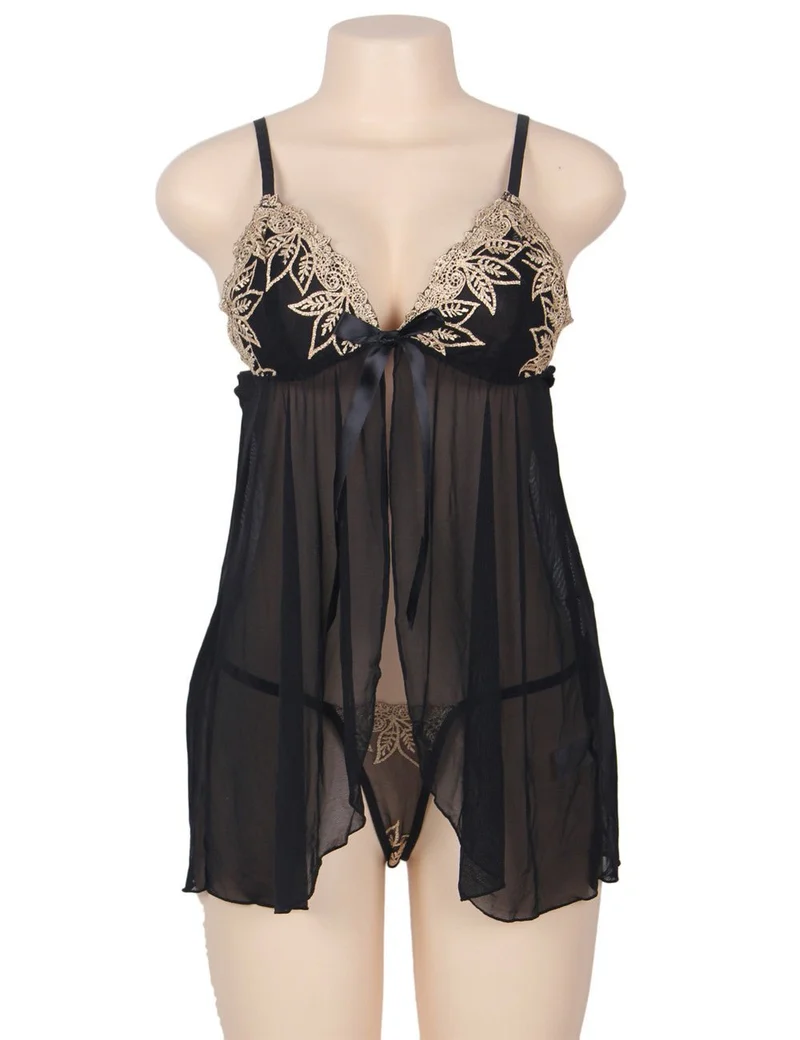 Schwarzes, durchsichtiges Babydoll-Dessous-Set aus Mesh