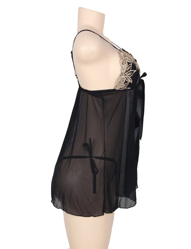 Schwarzes, durchsichtiges Babydoll-Dessous-Set aus Mesh