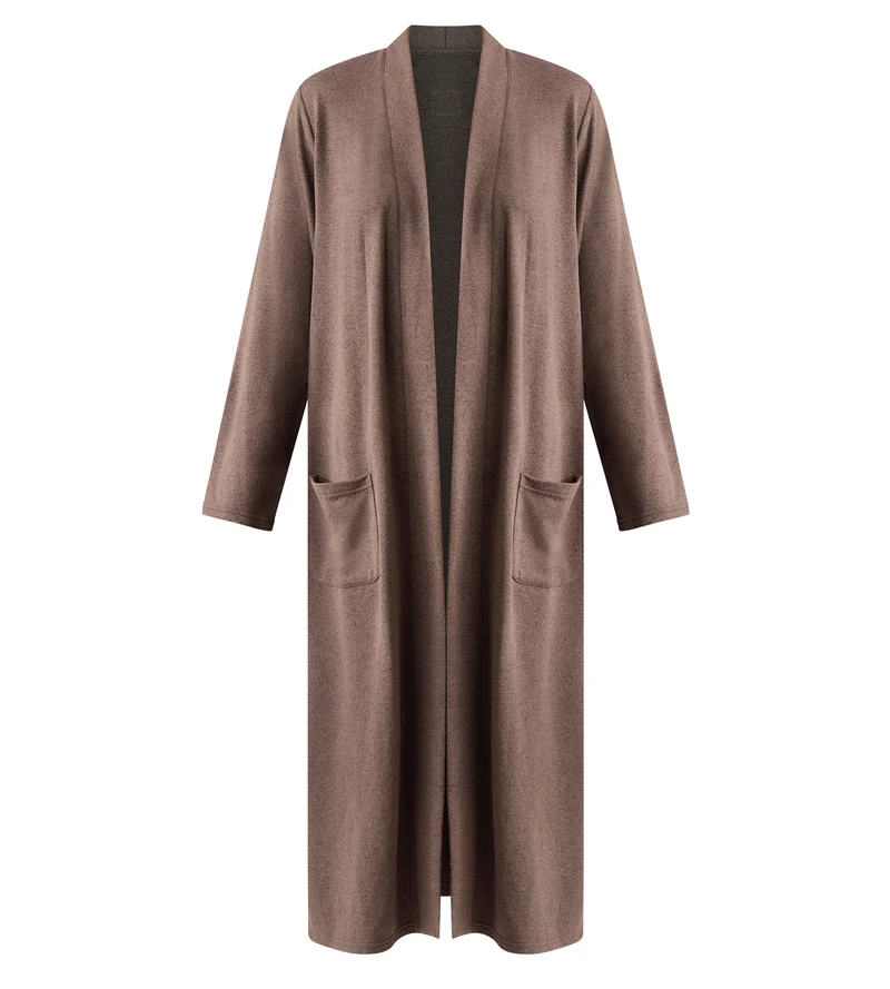 Langer Cardigan aus feinem dunkelbraunem Jersey von DIM x Ines de la Fressange