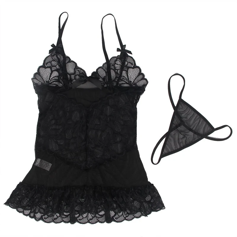 Schwarzes, transparentes Babydoll aus Mesh und Spitze mit V-Ausschnitt aus Spitze, Schleifendetail und gewelltem Saum