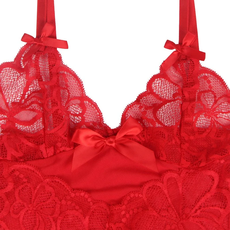 Rotes, transparentes Babydoll aus Mesh und Spitze mit V-förmigem Spitzeneinsatz, Schleifendetail und gewelltem Saum