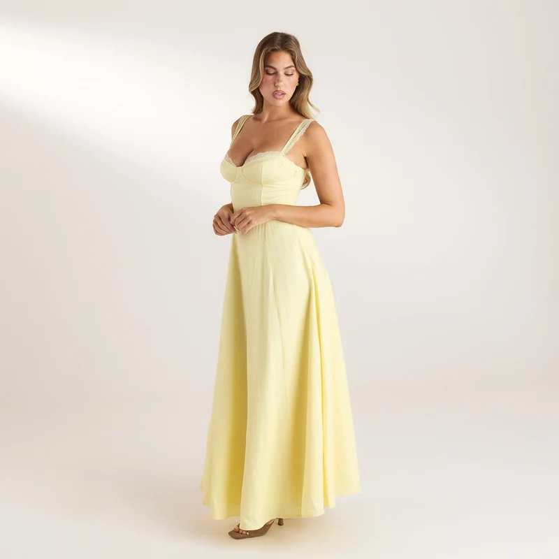 Maxikleid mit Spitzenbesatz - Zitrone
