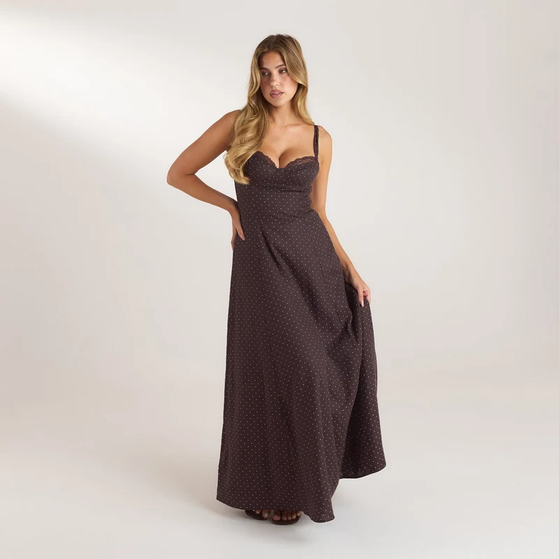 Maxikleid mit Spitzenbesatz - Schokolade mit Punkten
