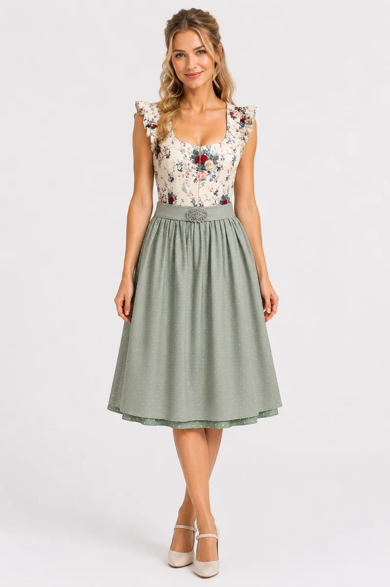 Florales Dirndl mit Blumenprint & Tupfenschürze