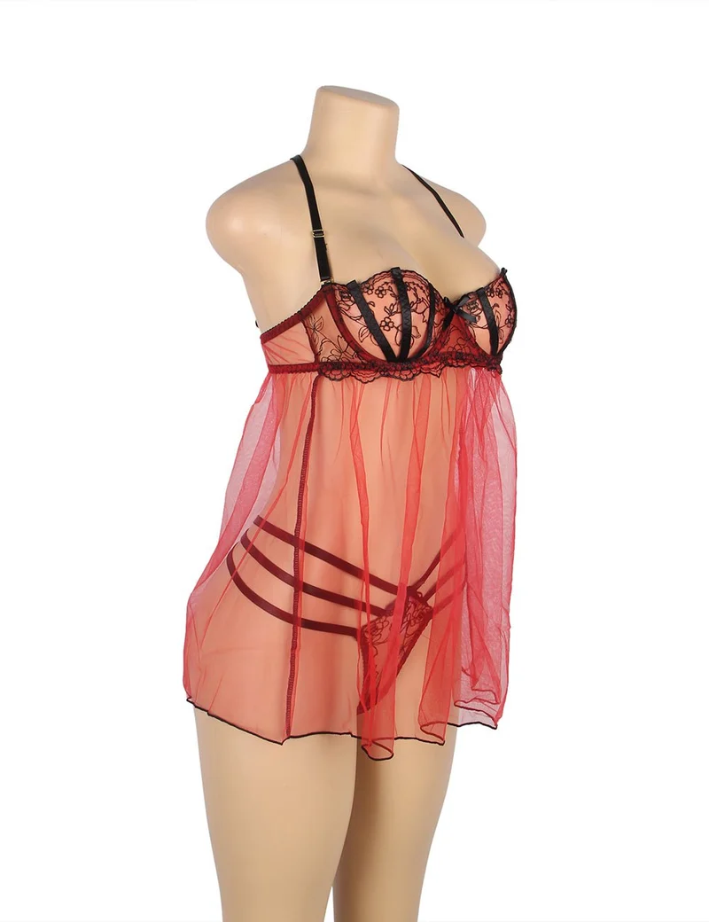 Hellrotes Babydoll aus Netzstoff mit verstellbaren Schulterträgern