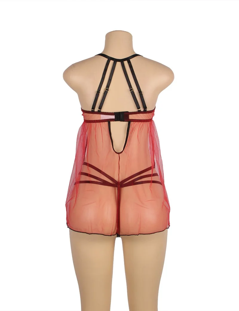 Hellrotes Babydoll aus Netzstoff mit verstellbaren Schulterträgern