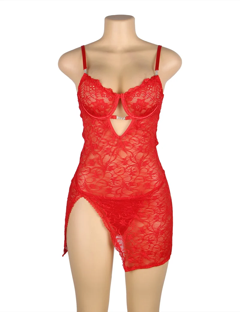 Rotes Babydoll aus Spitze mit Bügeln, herzförmigem Spitzen-Seitenschlitz und verstellbarem Rückenverschluss