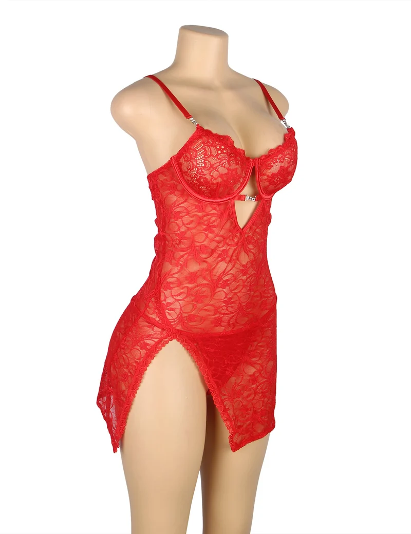 Rotes Babydoll aus Spitze mit Bügeln, herzförmigem Spitzen-Seitenschlitz und verstellbarem Rückenverschluss