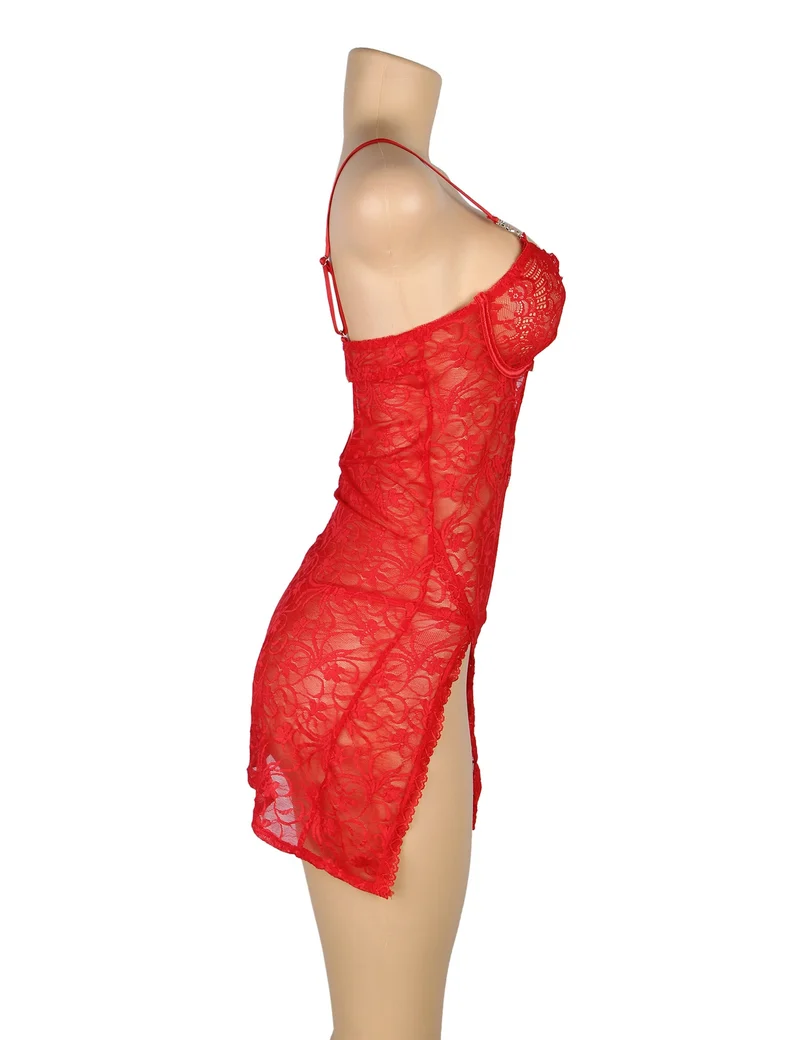 Rotes Babydoll aus Spitze mit Bügeln, herzförmigem Spitzen-Seitenschlitz und verstellbarem Rückenverschluss