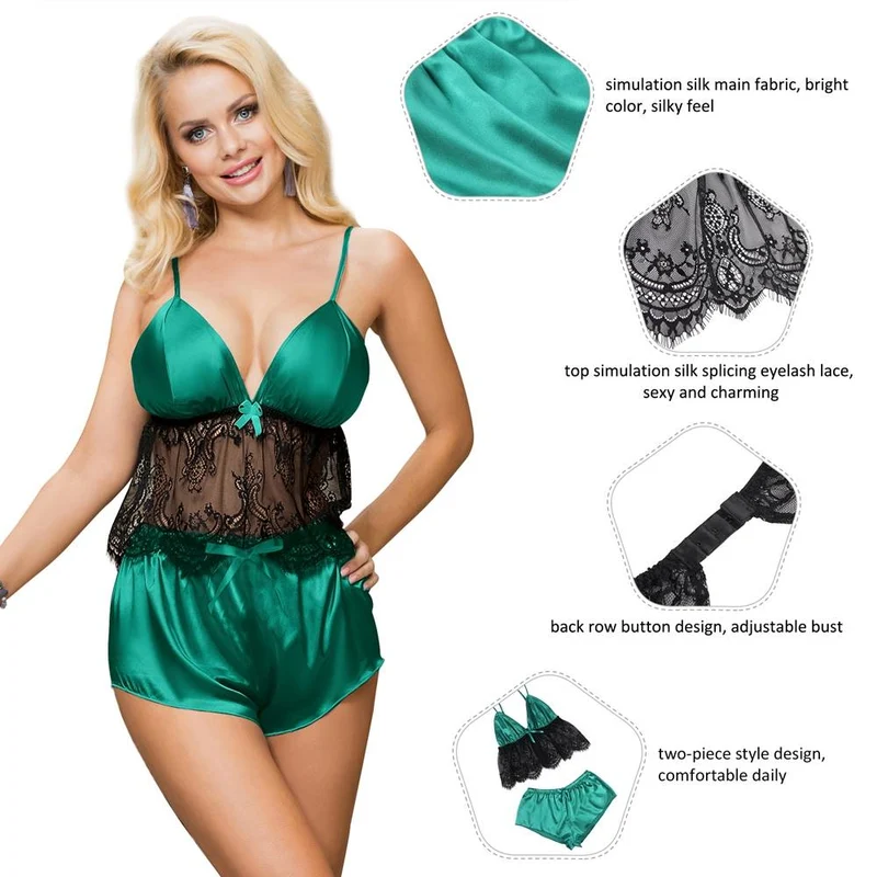 Zweiteiliger Pyjama-Set aus grünem und schwarzem Satin und Spitze mit Lochmuster