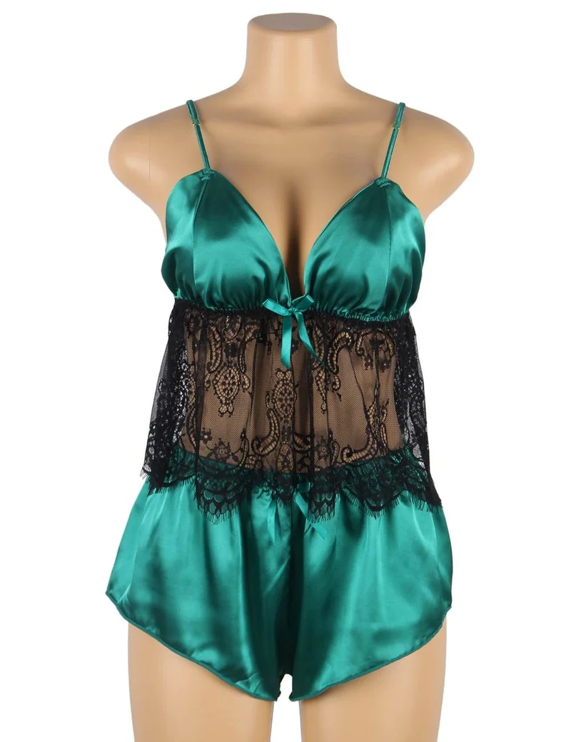 Zweiteiliger Pyjama-Set aus grünem und schwarzem Satin und Spitze mit Lochmuster