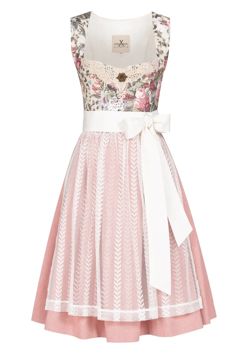 LEINEN HOCHZEITSDIRNDL OXFORD FLOWERS ECRU/ ROSA