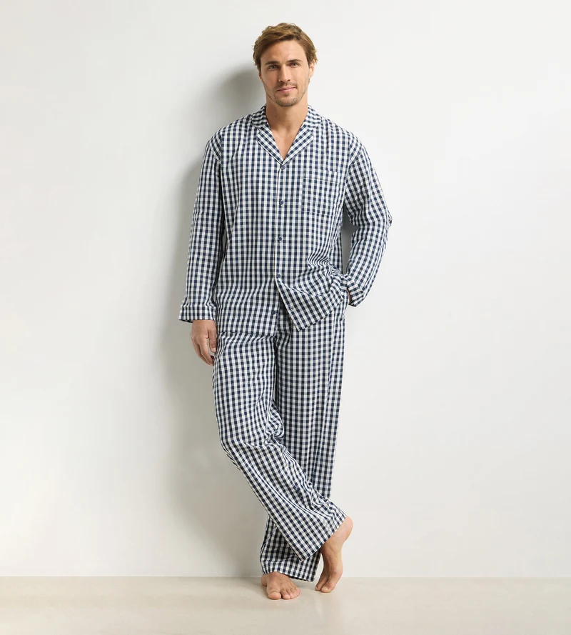 Herren-Pyjama-Set mit Hosen in blauem Vichy-Karomuster von Dim Woven