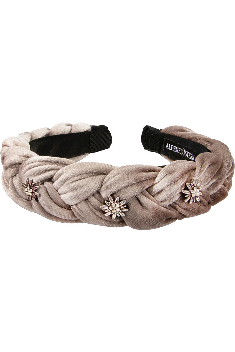 Samt Haarreif geflochten mit Strass-Edelweißblüten - taupe braun