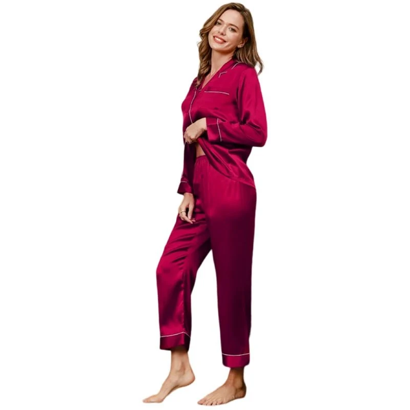 Pinkfarbenes, langes Premium-Seidenpyjama-Set
