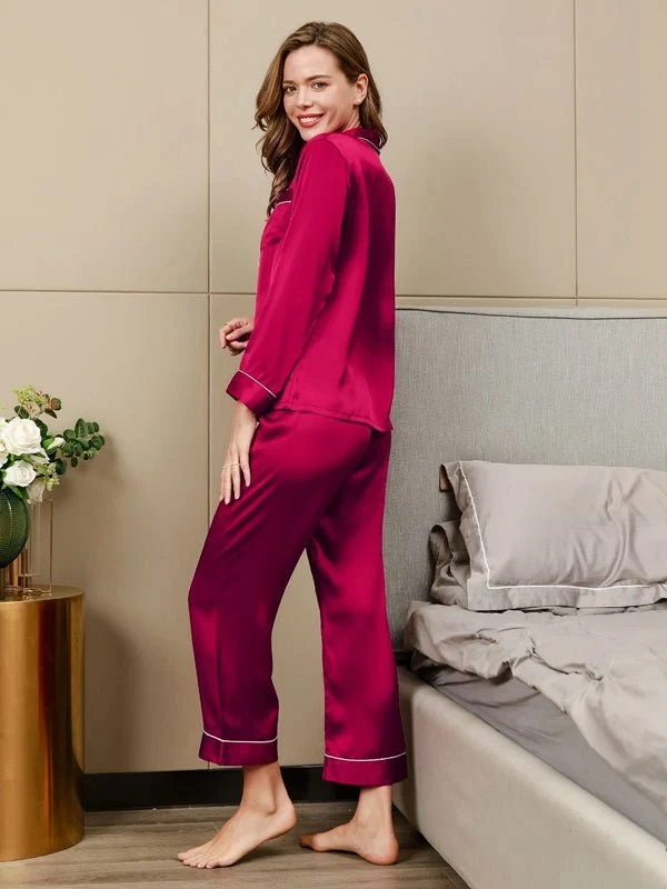 Pinkfarbenes, langes Premium-Seidenpyjama-Set