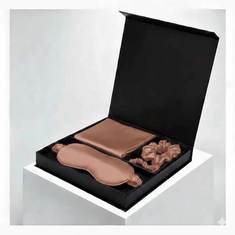 Luxus-Geschenkset aus 100 % Maulbeerseide in Roségold: Kissenbezug, Schlafmaske, Haargummi und Schlafmaske