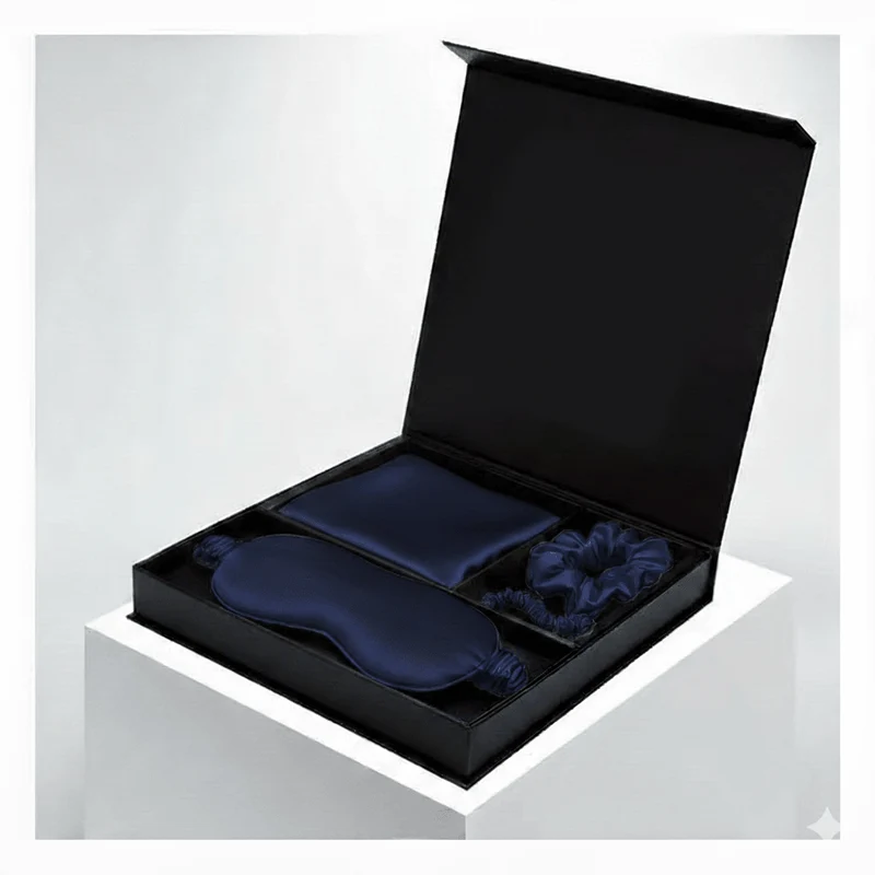 Marineblaues Luxus-Geschenkset aus 100 % Maulbeerseide: Kissenbezug, Schlafmaske, Schlafmaske und Haargummis