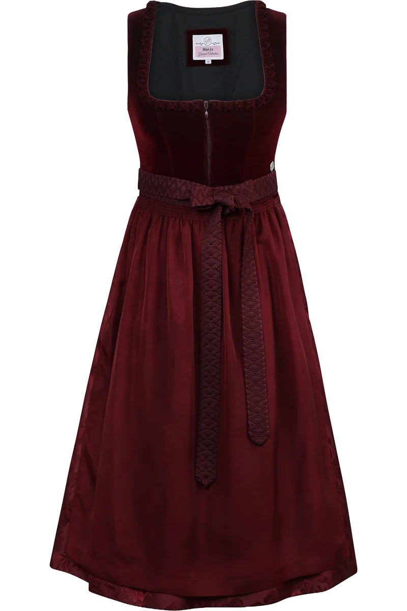 Midi-Dirndl mit Samt und Froschgoscherlrüsche Rabenstein 70cm - wine