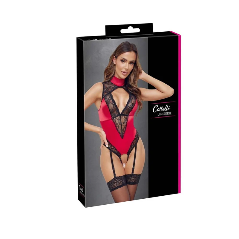 Sexy Straps-Body ouvert S-XL in edlem roten Satin "Lola"