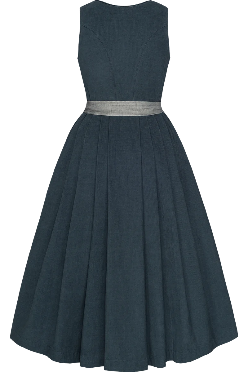 Langes Dirndl aus Cord mit Baumwollschürze - blau